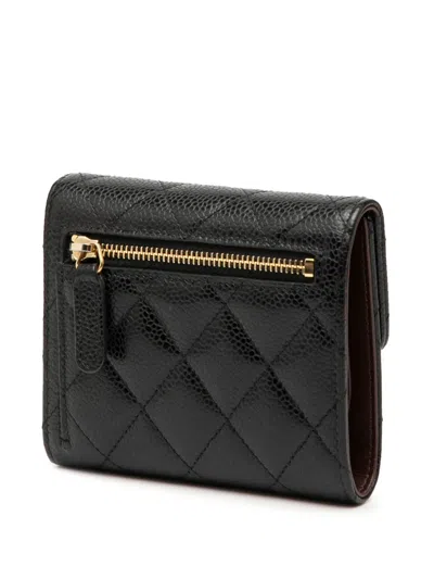 Pre-owned Chanel 2018-2019 Cc Quilted Caviar Compact Flap Wallet Small Wallets In Black