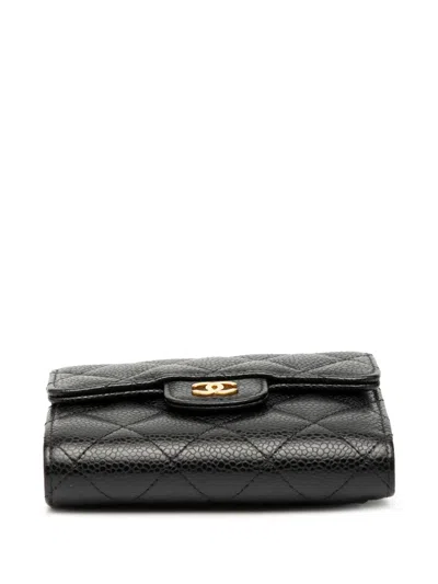Pre-owned Chanel 2018-2019 Cc Quilted Caviar Compact Flap Wallet Small Wallets In Black