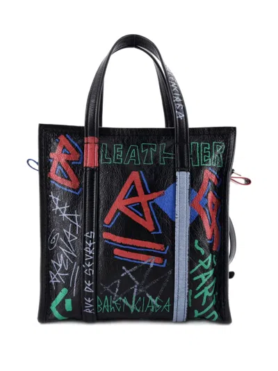 Pre-owned Balenciaga Bazar Graffiti Convertible Leather Small Tote Bag In Black