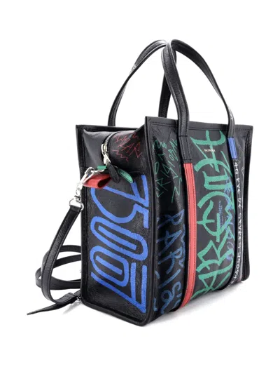 Pre-owned Balenciaga Bazar Graffiti Convertible Leather Small Tote Bag In Black