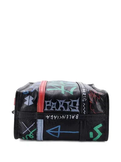 Pre-owned Balenciaga Bazar Graffiti Convertible Leather Small Tote Bag In Black