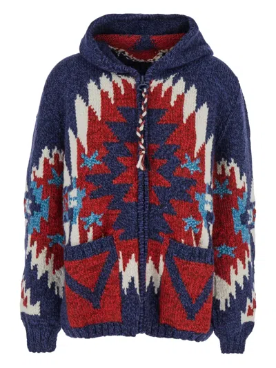 Frantic Multicolor Cardigan With Spread Collar And All-over Geometric Motif In Blue