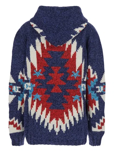 Frantic Multicolor Cardigan With Spread Collar And All-over Geometric Motif In Blue