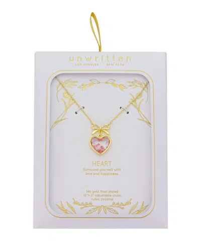 Unwritten Light Pink Rose Cubic Zirconia Heart Shaker With Bow Necklace With Extender In Gold