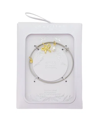 Unwritten Two Tone Tone Bow, Glass Cultivated Pearl Crystal Bezel Bangel Barcelet In Gold