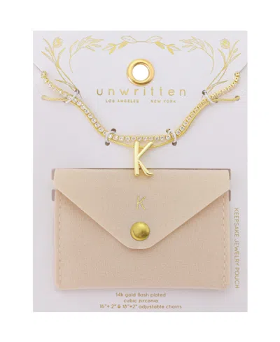 Unwritten Letter "k" Initial Snake Chain Cubic Zirconia Chain Necklace With Extender 2pcs Set In Gold