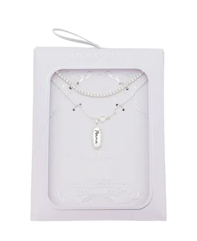 Unwritten "mama" Cubic Zirconia , Mother Of Cultivated Pearl Heart Cubic Zirconia Link Chain Necklace 2pcs Set In Silver