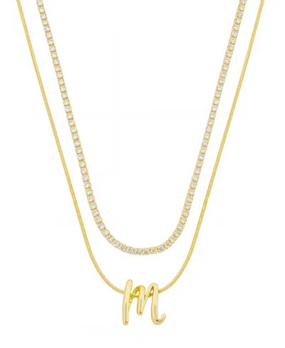 Unwritten Letter "m" Initial Snake Chain Cubic Zirconia Chain Necklace With Extender 2pcs Set In Gold
