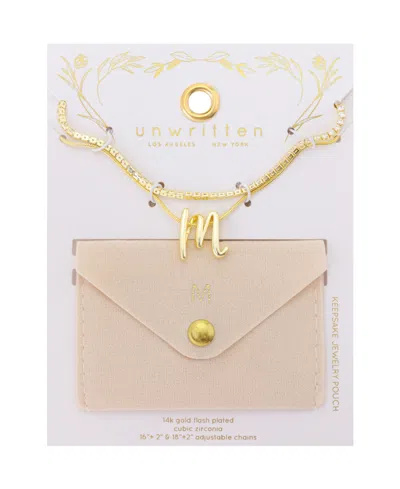 Unwritten Letter "m" Initial Snake Chain Cubic Zirconia Chain Necklace With Extender 2pcs Set In Gold