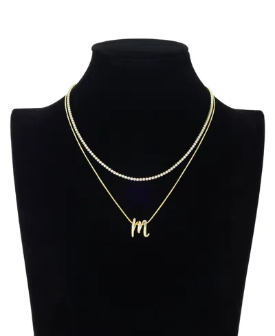 Unwritten Letter "m" Initial Snake Chain Cubic Zirconia Chain Necklace With Extender 2pcs Set In Gold