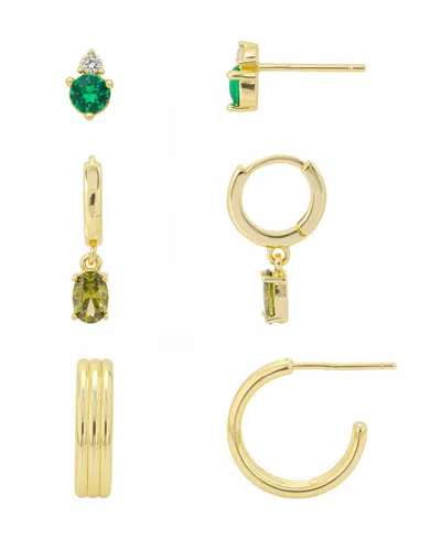 Unwritten Clear With Emerald Cubic Zirconia, Peridot Cubic Zirconia Andless Hoop Plain Post Hoop 3pair Ear Set In Gold