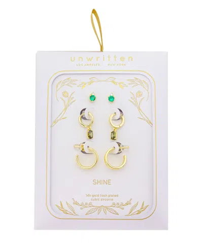 Unwritten Clear With Emerald Cubic Zirconia, Peridot Cubic Zirconia Andless Hoop Plain Post Hoop 3pair Ear Set In Gold