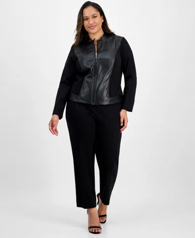 Ak Anne Klein Plus Size Mixed-media Zip-front Jacket In Black