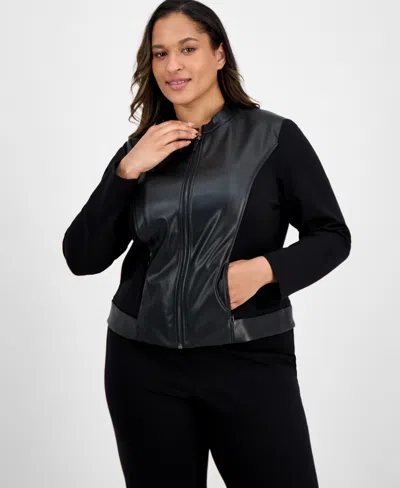 Ak Anne Klein Plus Size Mixed-media Zip-front Jacket In Black
