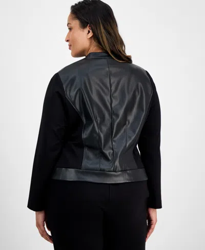 Ak Anne Klein Plus Size Mixed-media Zip-front Jacket In Black
