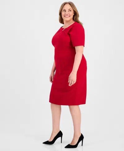 Kasper Plus Size Asymmetric Elbow-sleeve Sheath Dress In Red