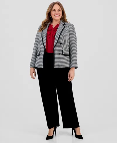 Kasper Plus Size Open Front Houndstooth Blazer In Black