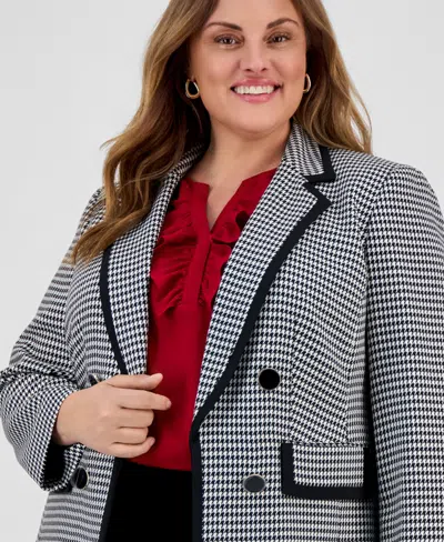 Kasper Plus Size Open Front Houndstooth Blazer In Black