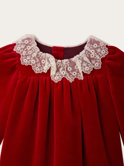 Bonpoint Jaylisa Organic Cotton Velvet Lace Collar Dress In Red