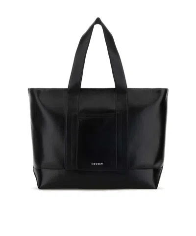 Alexander Mcqueen Rectangular Leather Shopping Tote Top Handles In Black