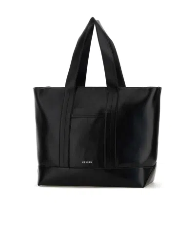 Alexander Mcqueen Rectangular Leather Shopping Tote Top Handles In Black