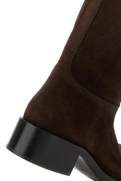Prada Suede Knee-high Block Heel Boots In Brown