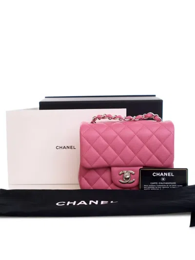 Pre-owned Chanel 2019 Mini Square Classic Lambskin Single Flap Crossbody Bag In Pink