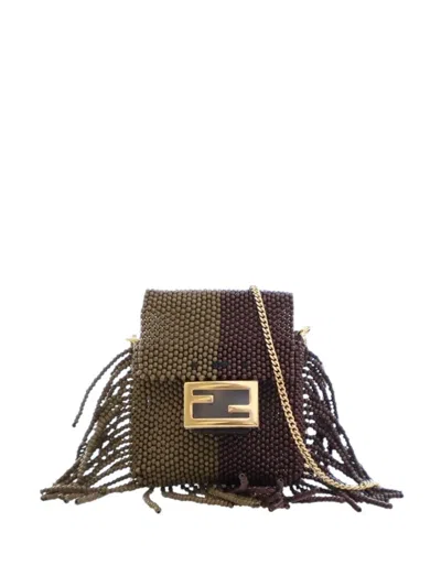 Pre-owned Fendi 2010-2024 Beaded Pequin Pico Baguette Charm Crossbody Bag In Green