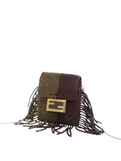 Pre-owned Fendi 2010-2024 Beaded Pequin Pico Baguette Charm Crossbody Bag In Green