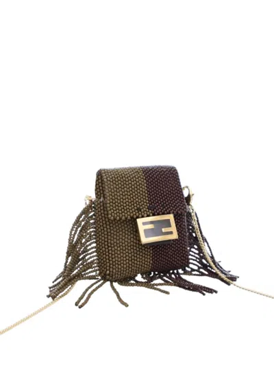 Pre-owned Fendi 2010-2024 Beaded Pequin Pico Baguette Charm Crossbody Bag In Green