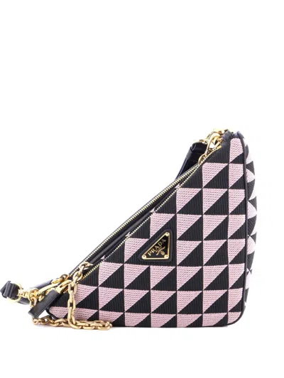 Pre-owned Prada Double Symbole Triangle Bag Leather And Jacquard Mini Shoulder Bag In Black