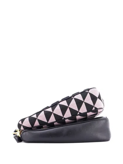 Pre-owned Prada Double Symbole Triangle Bag Leather And Jacquard Mini Shoulder Bag In Black