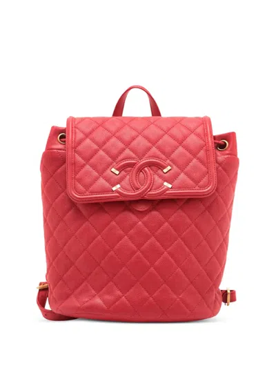 Pre-owned Chanel 2018 Quilted Caviar Cc Filigree Backpack In Red