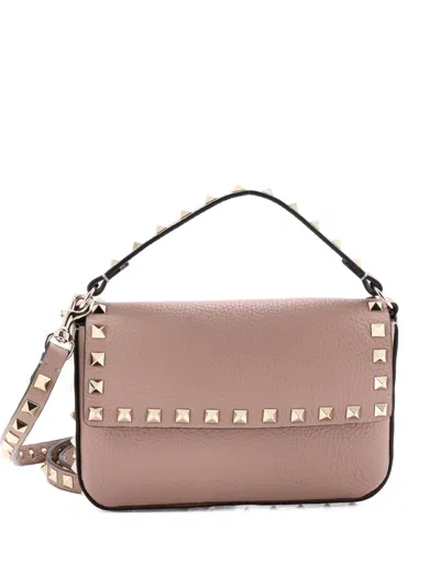 Pre-owned Valentino Garavani Rockstud Top Handle Pouch Leather Mini Crossbody Bag In Neutral