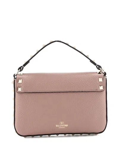 Pre-owned Valentino Garavani Rockstud Top Handle Pouch Leather Mini Crossbody Bag In Neutral