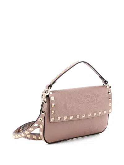 Pre-owned Valentino Garavani Rockstud Top Handle Pouch Leather Mini Crossbody Bag In Neutral