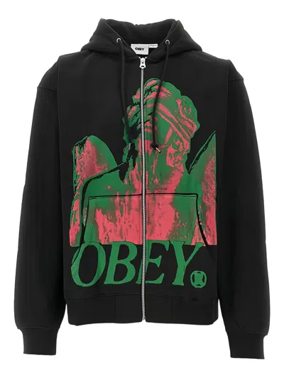 Obey Graphic-print Zipped Hoodie In Black