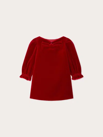 Bonpoint Jove Dress With A Tie At The Back In Organic Cotton Velvet In Red
