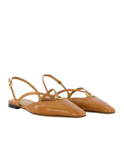 Fendi Ffold Leather Slingback Flat In Brown