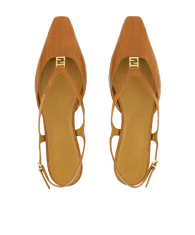 Fendi Ffold Leather Slingback Flat In Brown