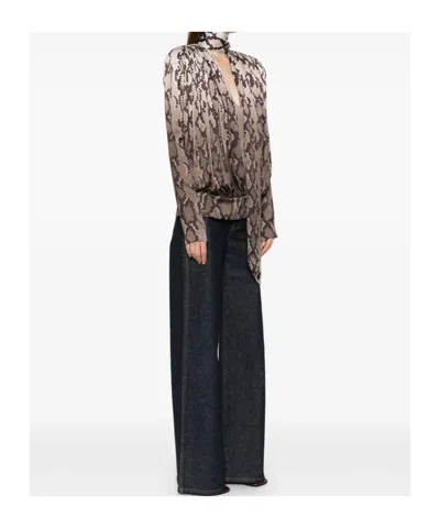 Stella Mccartney Satin Top With Snake Print And Knot In Brown