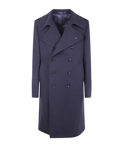 Tagliatore Long Sleeve Coat With Notched Lapels And Pockets In Blue