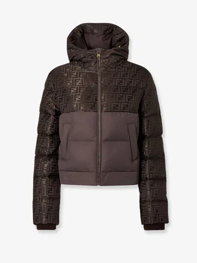 Fendi Women Brown Down Jacket With Drawstring Hood And Ff Motif In Tech Fabric Woman In Brown