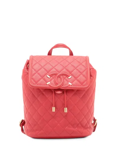 Pre-owned Chanel 2018 Quilted Caviar Cc Filigree Backpack In Red