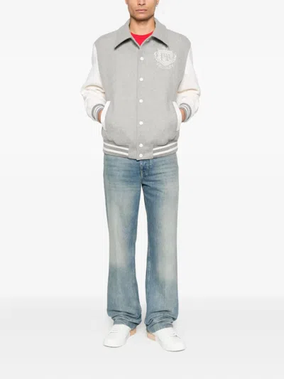 Balmain Gray Bicolor Wool Varsity Bomber Jacket In Gray