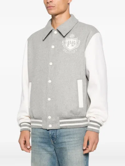 Balmain Gray Bicolor Wool Varsity Bomber Jacket In Gray