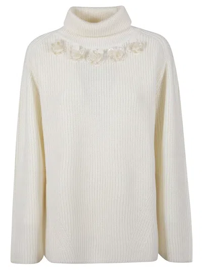 P.a.r.o.s.h Ribbed Knit Sweater With Floral Embroidery In White