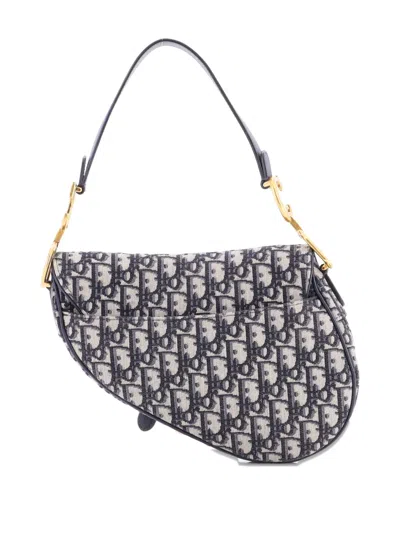 Pre-owned Dior Saddle Handbag With Strap Oblique Canvas Medium Shoulder Bag In Blue