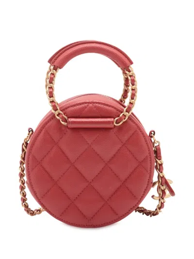 Pre-owned Chanel 2019 Quilted Caviar Round Woven Chain Top Handle Bag Satchel In Red