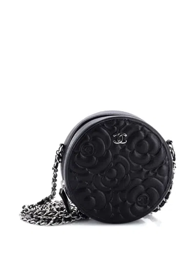 Pre-owned Chanel Round Clutch With Chain Camellia Goatskin Mini Crossbody Bag In Black
